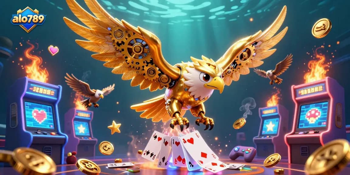 Experience thrilling gameplay with alo789 as a golden eagle dives through holographic cards in a vibrant casino scene.