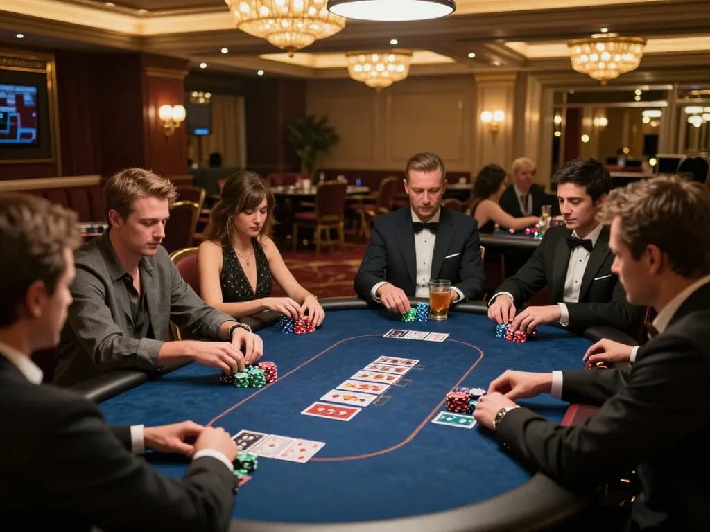 PLANET88 players enjoying an exclusive poker game in an upscale casino's VIP area, showcasing high-stakes excitement.