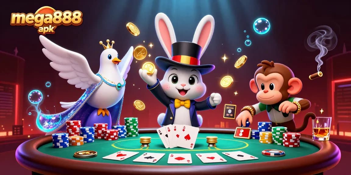 Experience winning with mega888 apk as a magician rabbit pulls coins and poker chips in an exciting casino scene.