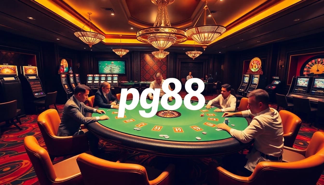 Gaming action at pg88 casino featuring poker table and vibrant players.