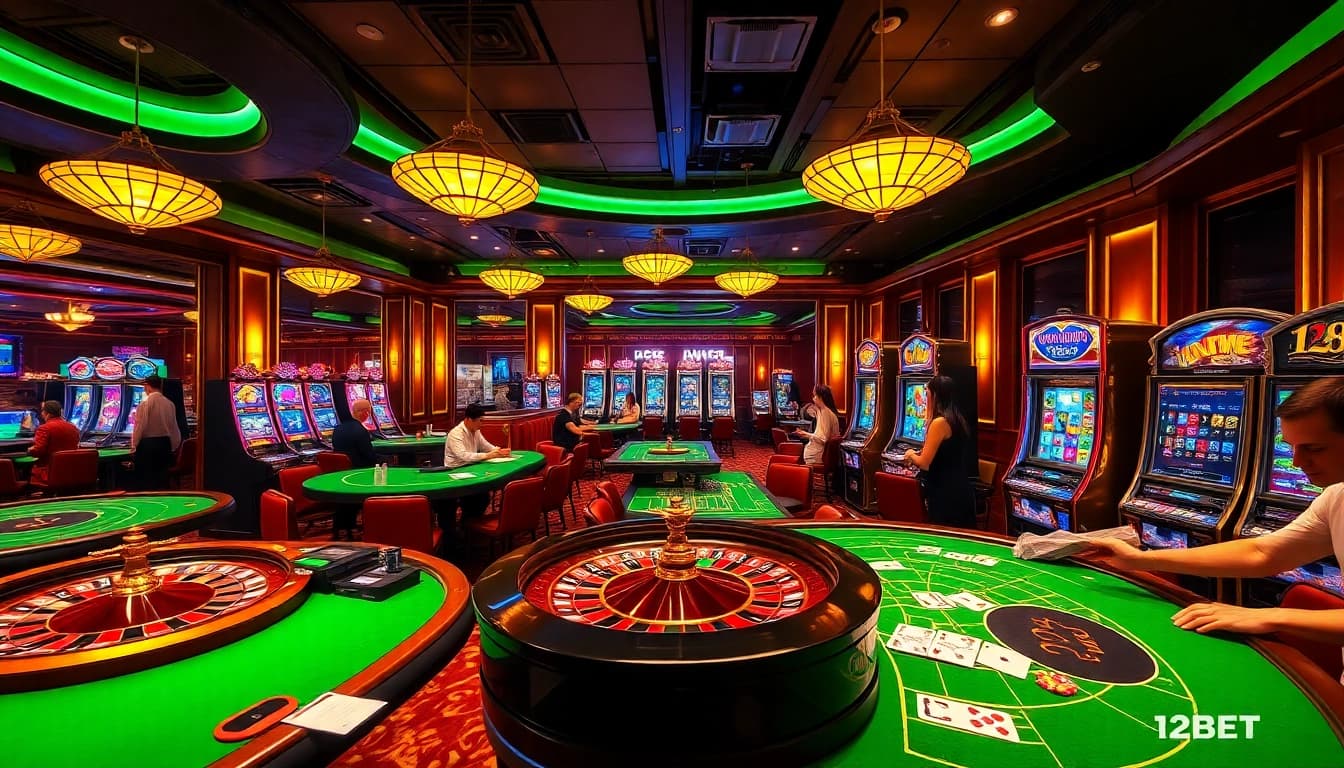 Engage with the exciting atmosphere of 12BET casino featuring lively roulette and poker games.