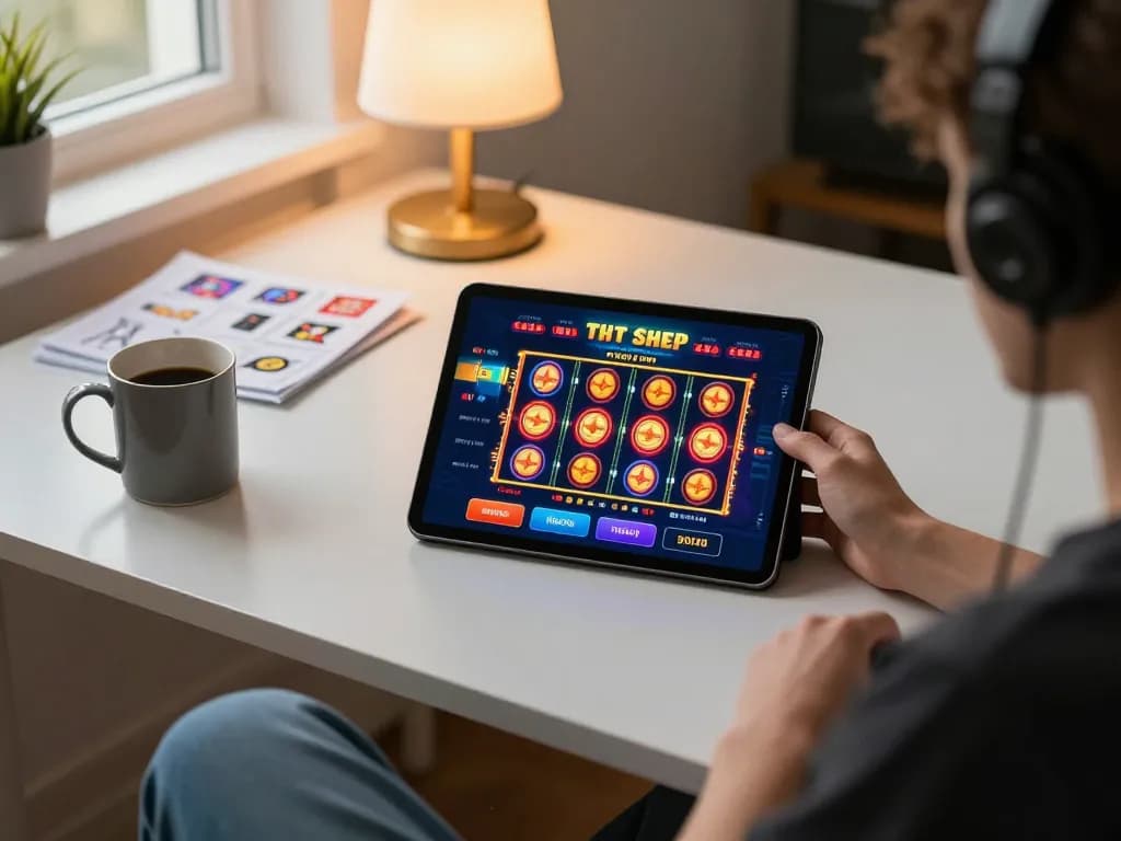 Engaged gamer playing on sunwin casino app, showcasing vibrant slot reels and cozy gaming setup.