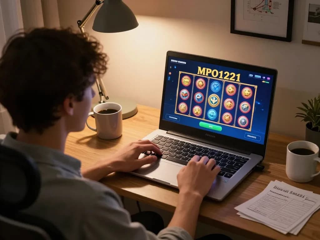 Pemain MPO1221 menikmati slot online dalam pengaturan rumah yang nyaman, menunjukkan semangat dan keterlibatan dalam permainan