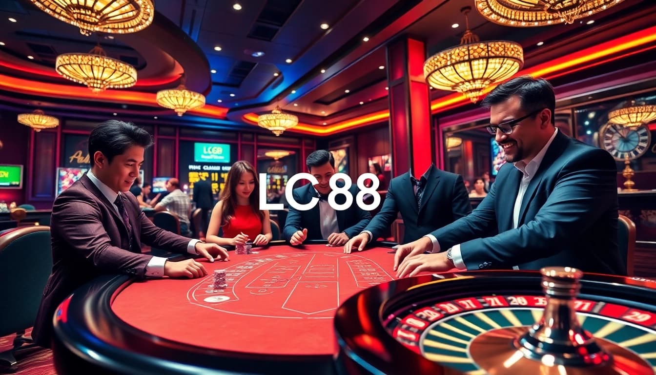 Players enjoying an exciting blackjack game at LC88 casino with vibrant lights and high stakes.