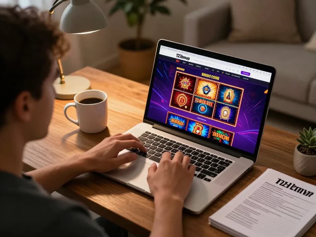 Player engaged with 123bmvp online casino on a laptop, showcasing immersive gambling experience at home.