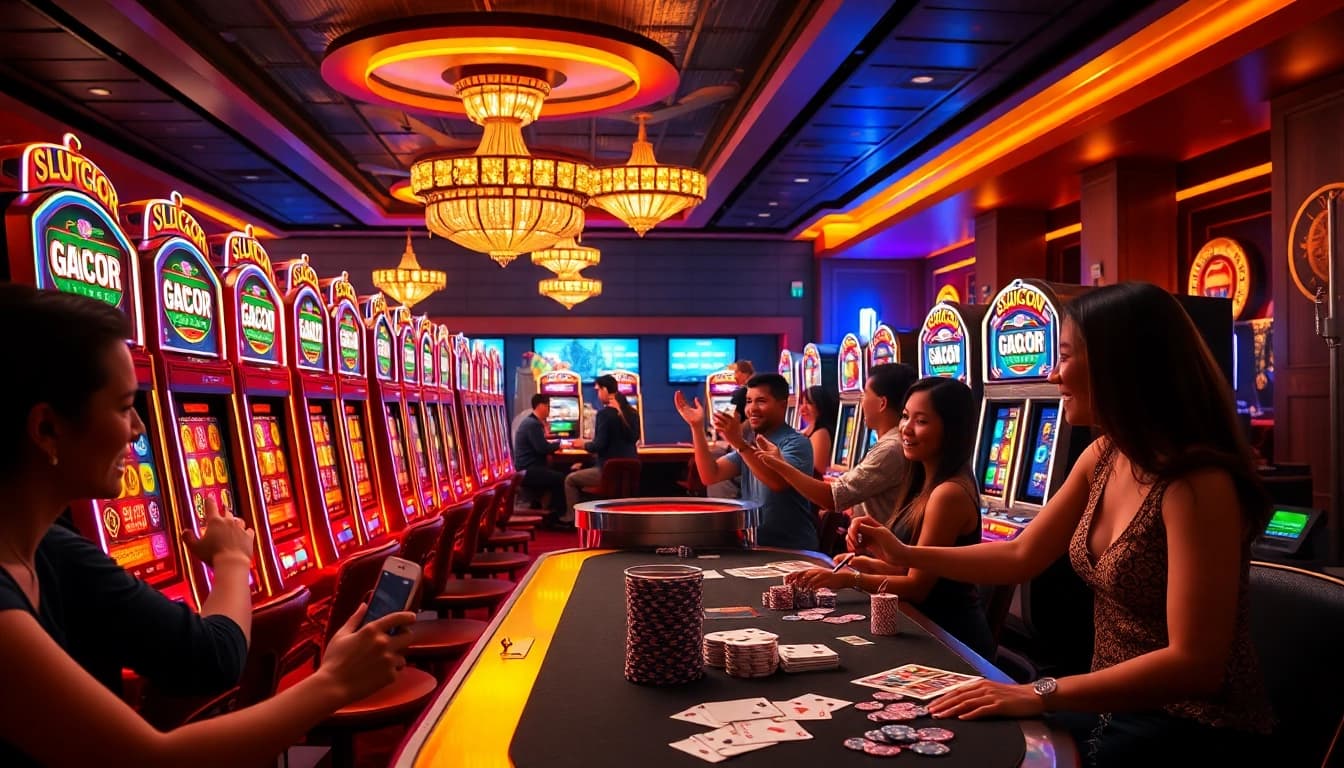 Players enjoying the excitement of slot gacor machines in a luxury casino.