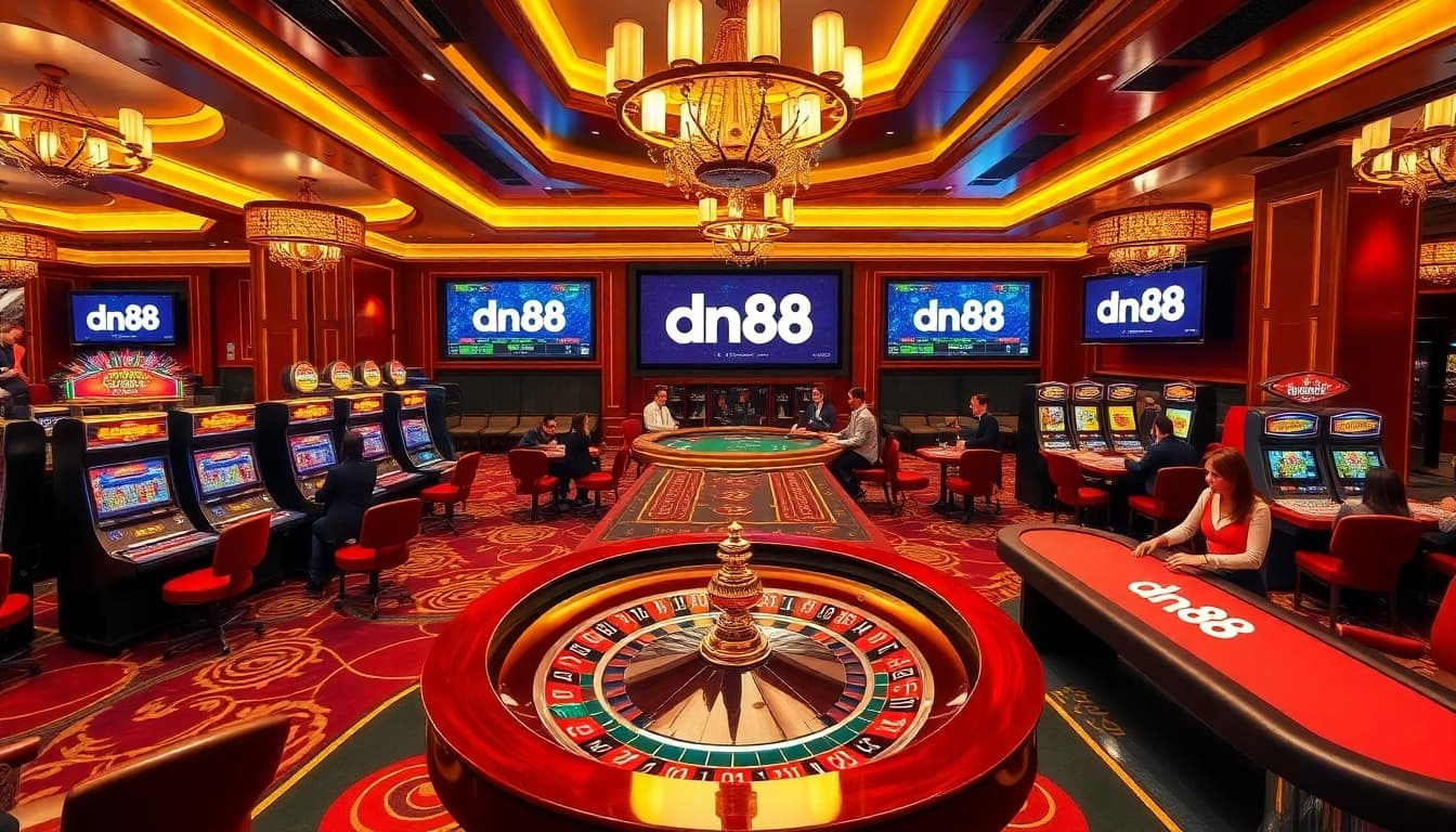 Engage in the thrilling casino atmosphere at dn88, featuring luxurious tables and vibrant slot machines.
