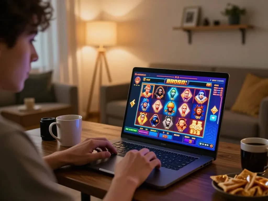 Player enjoying online casino slots on 100cuci platform in a cozy living room setting