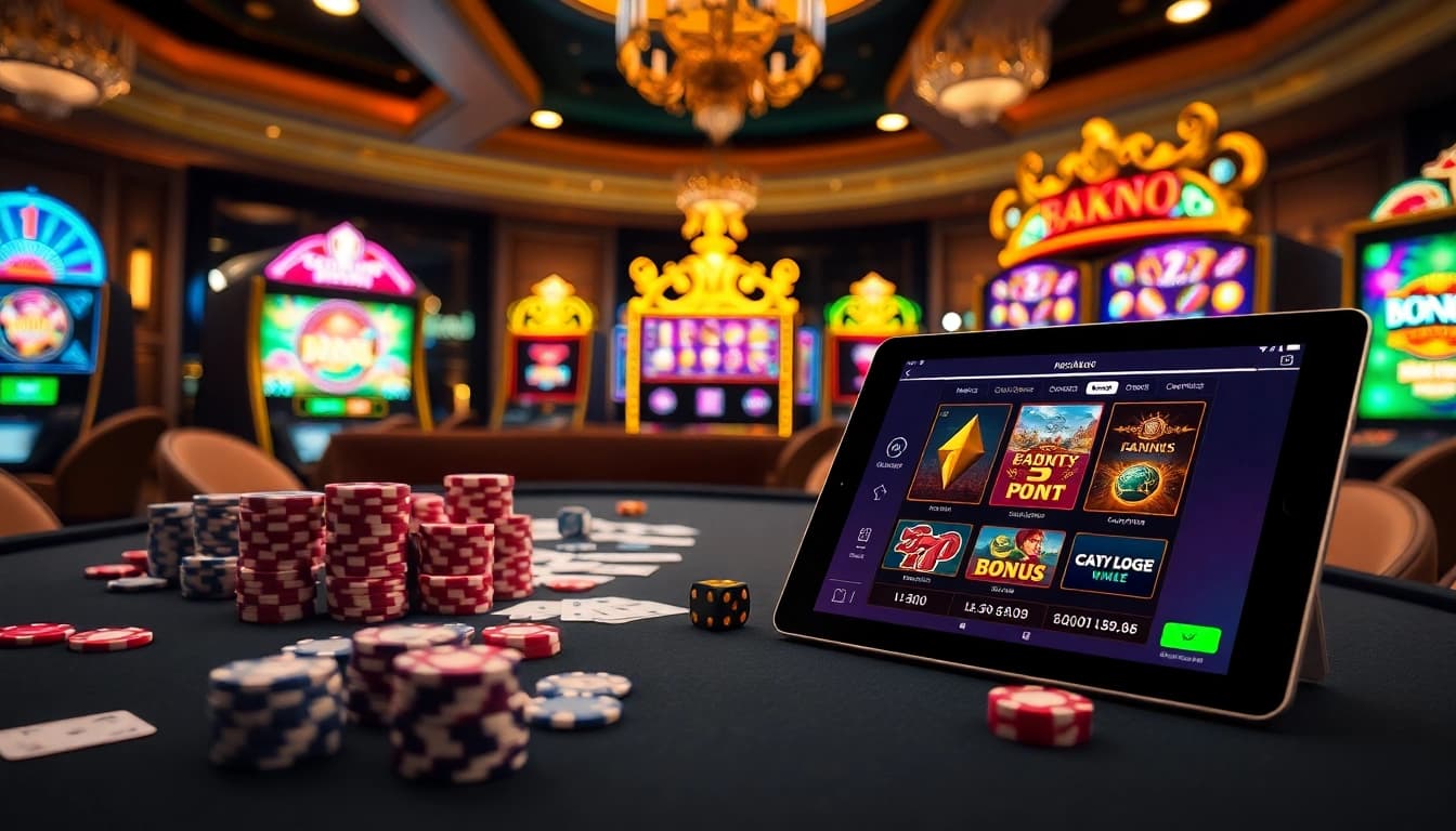 Experience the thrill of gambling at NK88.BOO with vibrant poker chips and slot machines in a luxurious setting.