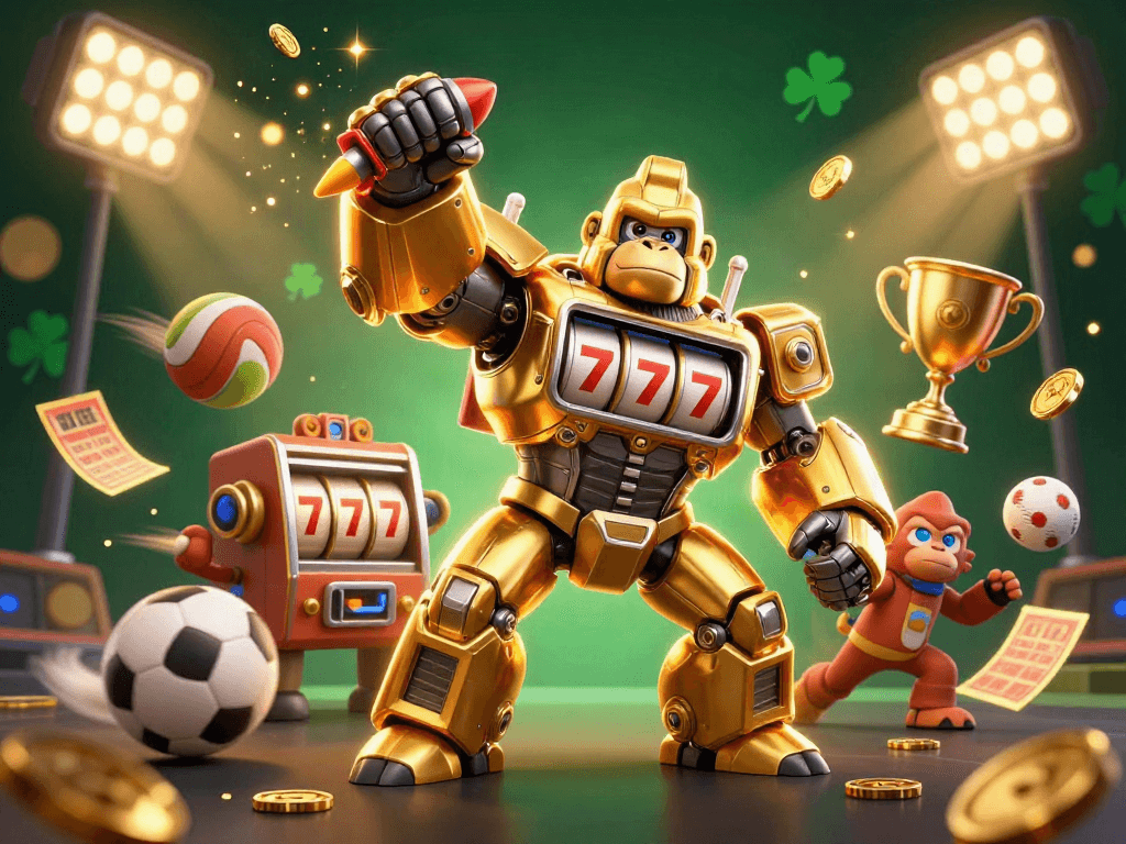 Experience winning excitement with situs gacor as a golden gorilla mech powers through a vibrant casino scene.