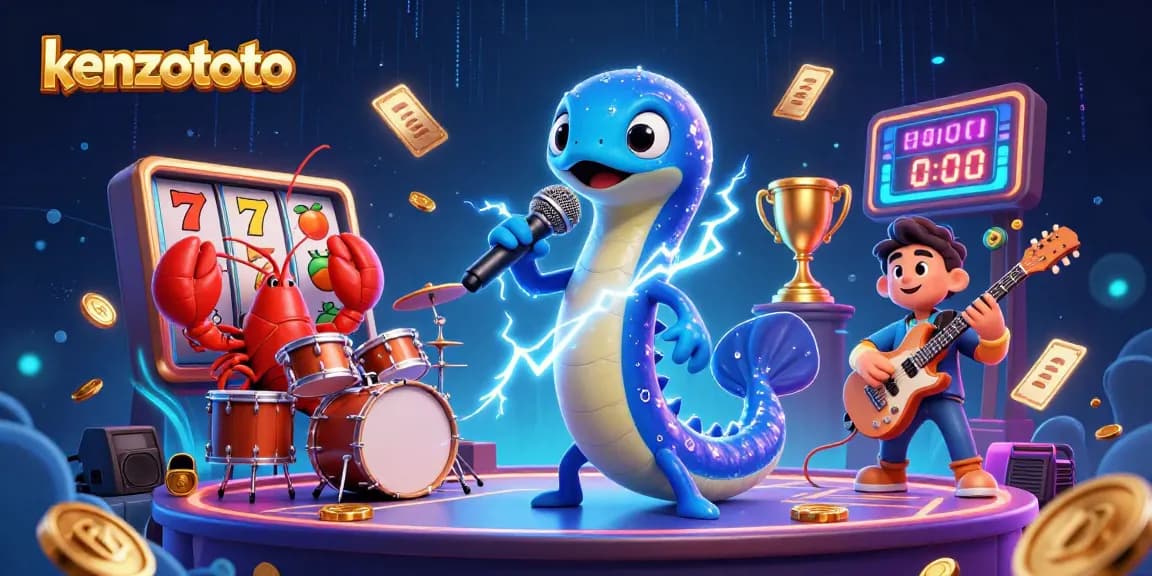 Kenzototo enhances online gaming excitement as an electric eel DJ performs alongside lively band members in a vibrant casino.