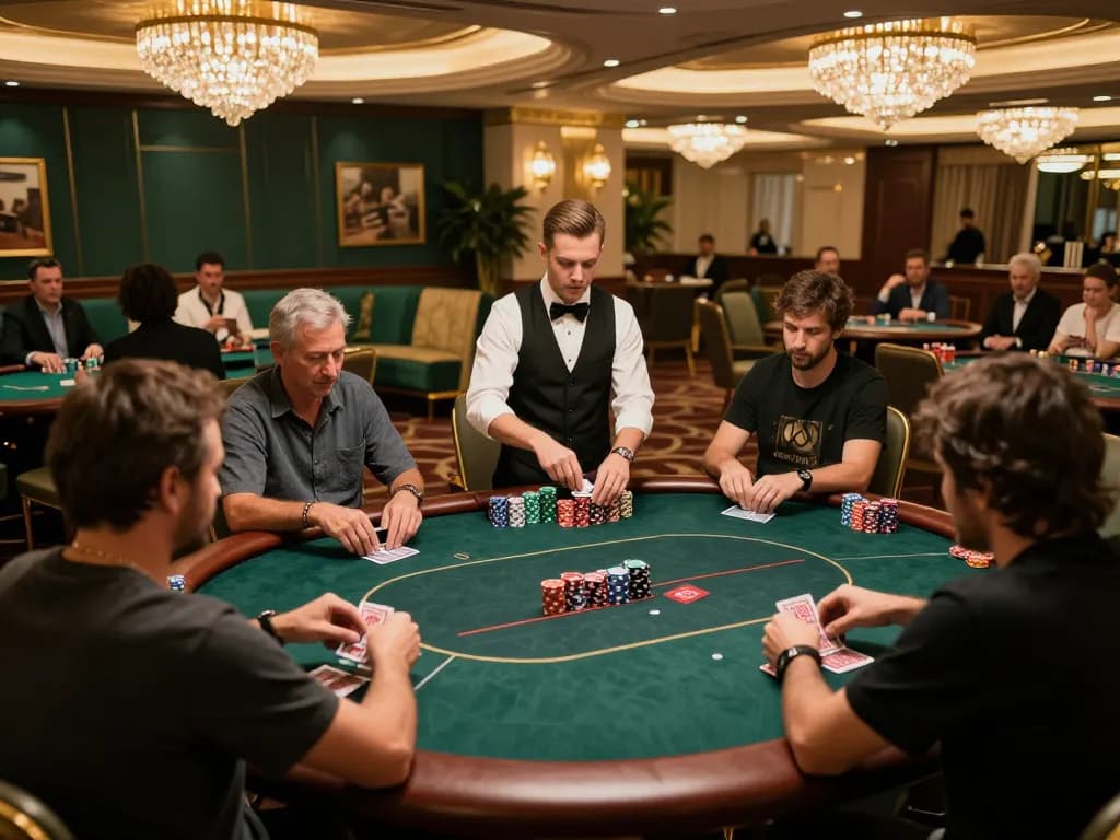 Players strategizing at VIP poker table in Nhà Cái F168 casino, showcasing thrilling gameplay and elegance