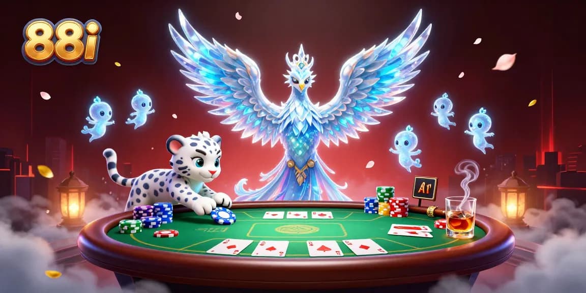 Engage with 88i's vibrant casino scene featuring a mythical phoenix, poker elements, and ice sprites.