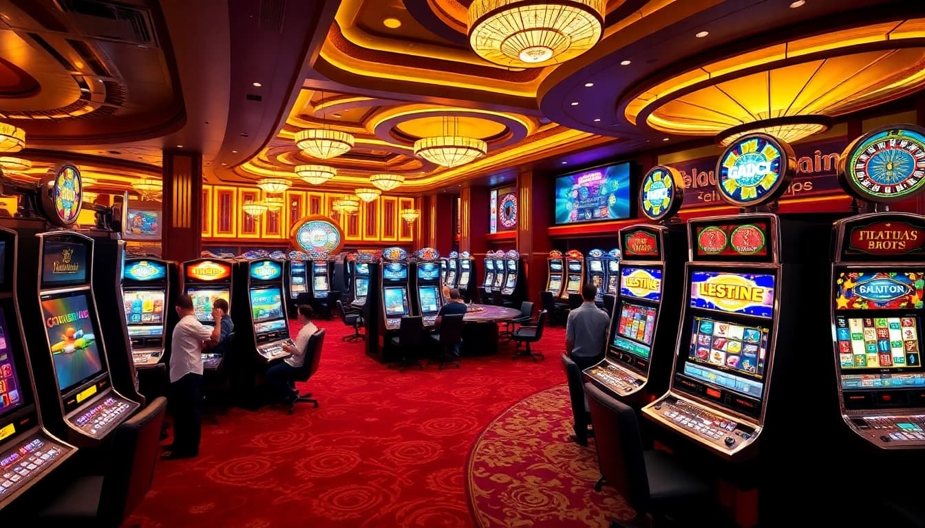 Engaging scene of players enjoying Situs Slot games and casino excitement with glamorous interior design.