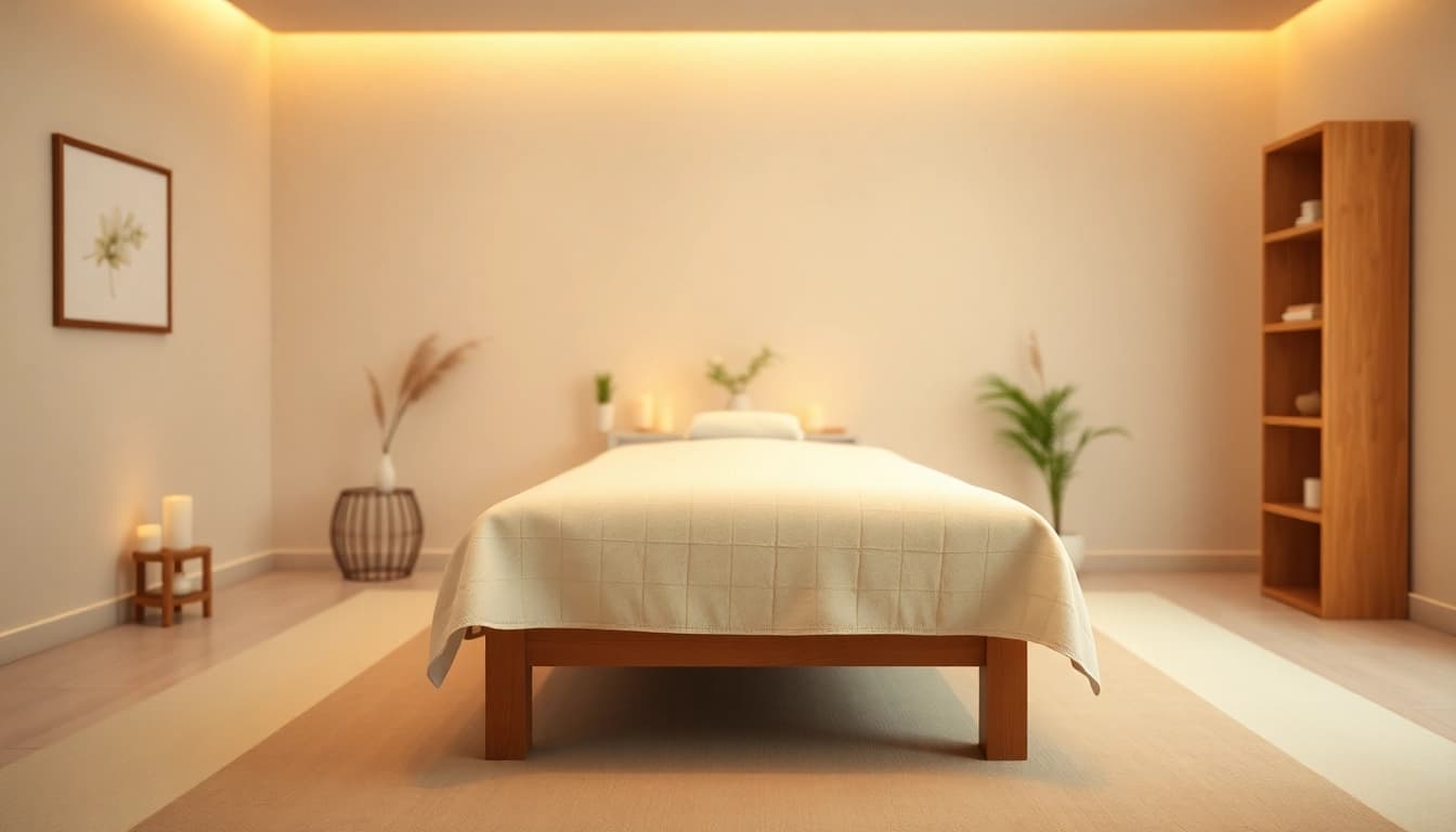 Relaxing home massage setup for 수원출장마사지 with soft lighting and calm decor.