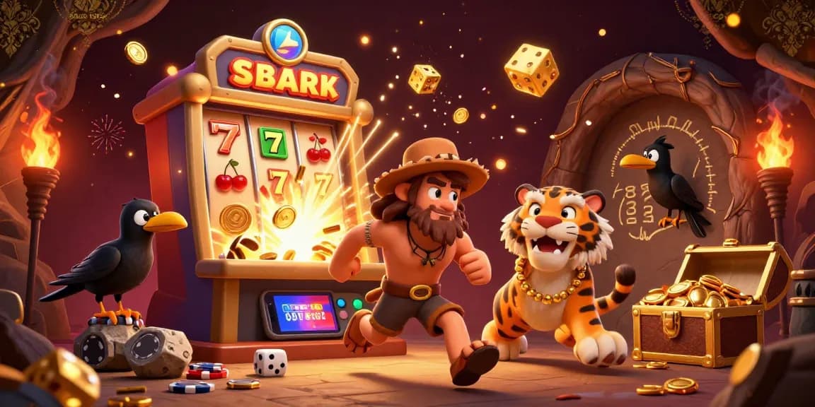 Situs toto casino scene with caveman and tiger winning big at a prehistoric jackpot.