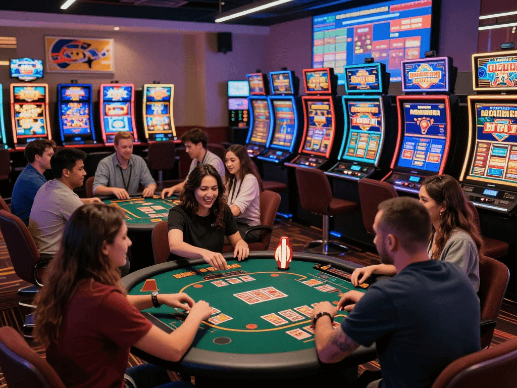 Engaging online gaming atmosphere with diverse players enjoying popular casino games at https://giraffedays.com, vibrant settings and lively interactions.