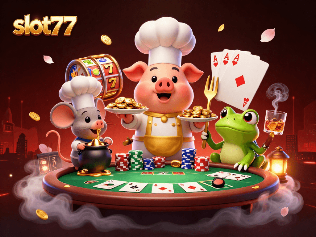 Pemain slot777 meraih jackpot dengan simbol kemenangan, dikelilingi koin emas dan kartu poker.