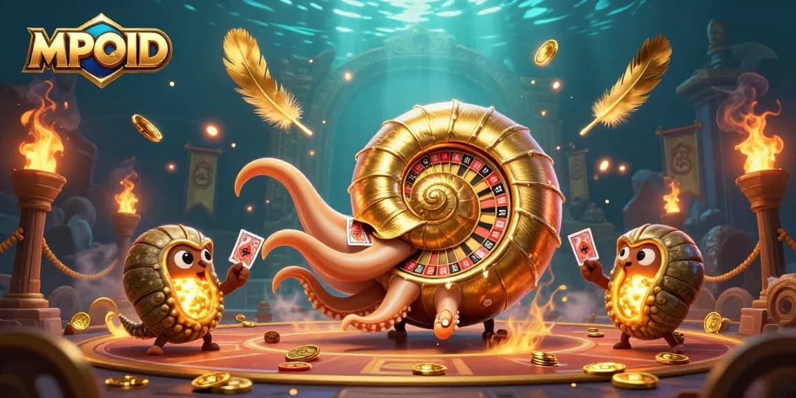 Experience max wins with MPOID's vibrant 3D casino illustration featuring a giant nautilus and glowing ammonite companions.