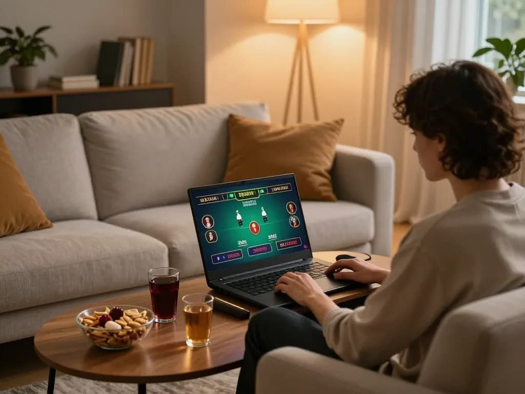 vipwin player engaged in live dealer game on laptop in a cozy setting