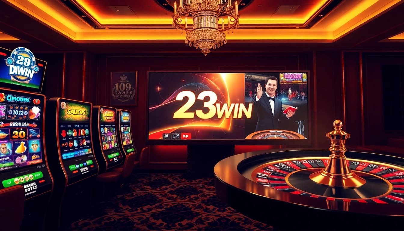 Engaging online gambling experience at 23win featuring slot machines and poker chips.