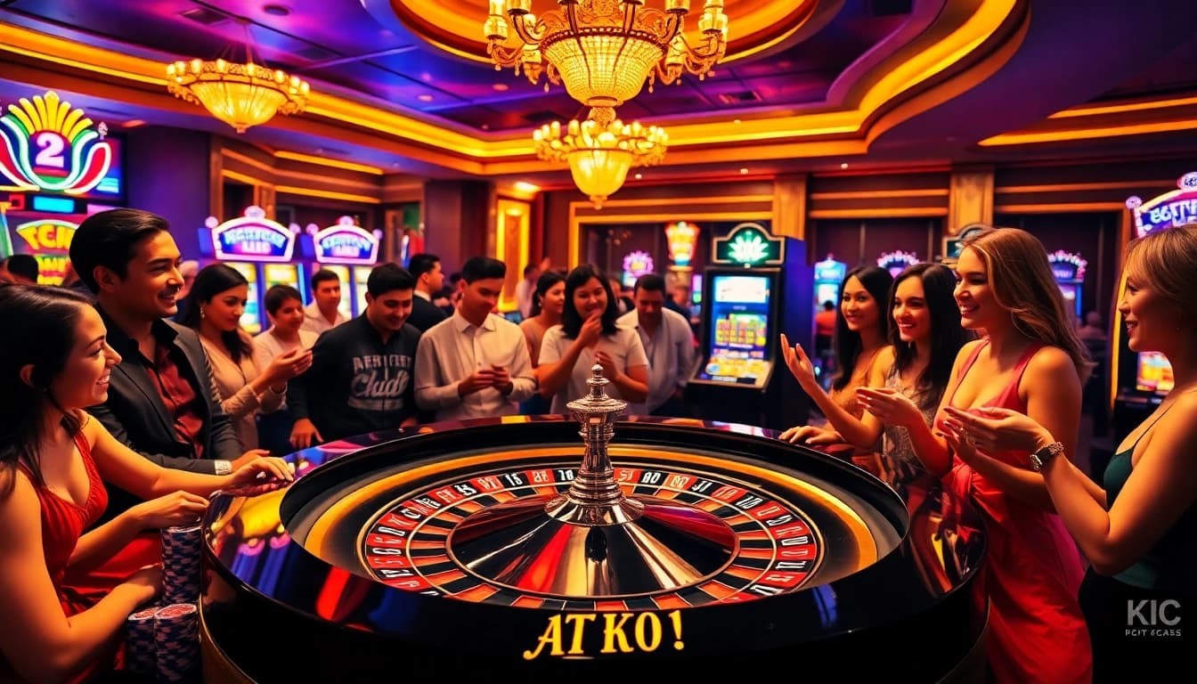 KJC casino scene showcasing excitement with roulette table and enthusiastic players.