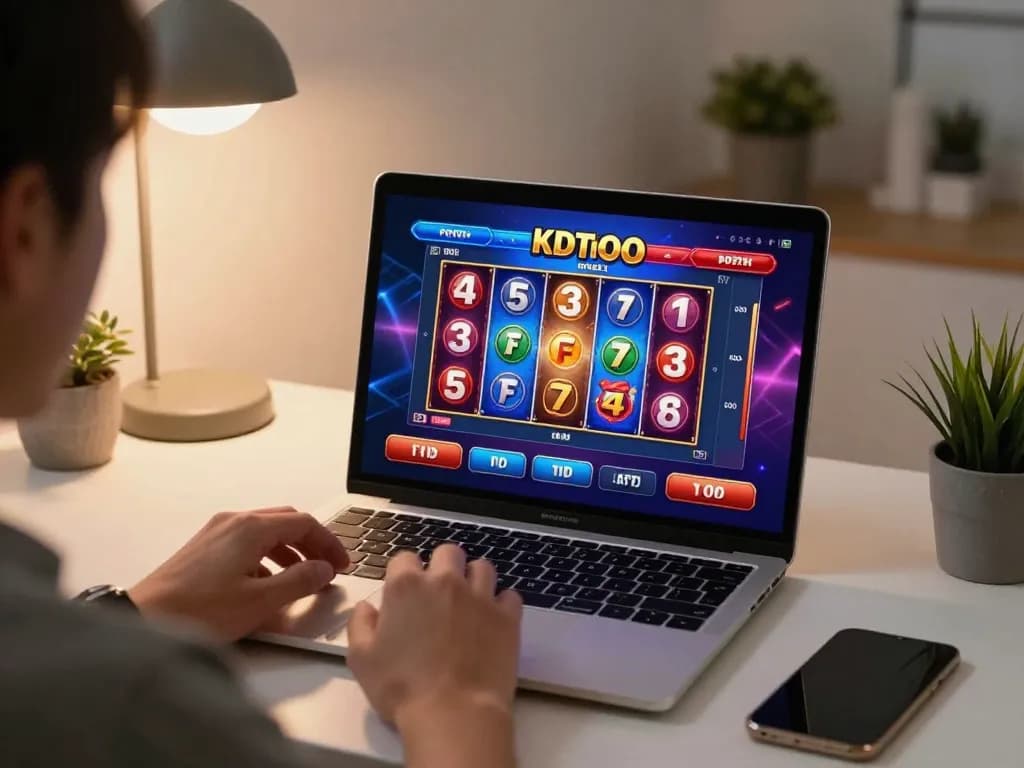 KDTOTO online gaming session showcasing vibrant slot reels in action on a laptop screen