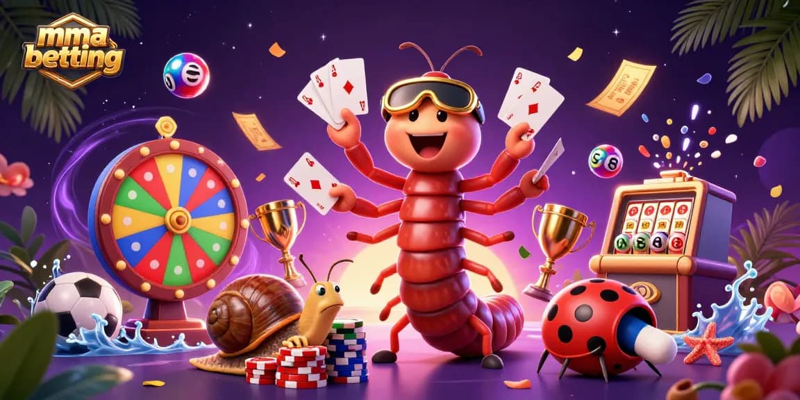 MMA betting scene with a dynamic cartoon representation of a millipede dealer and high-roller characters.