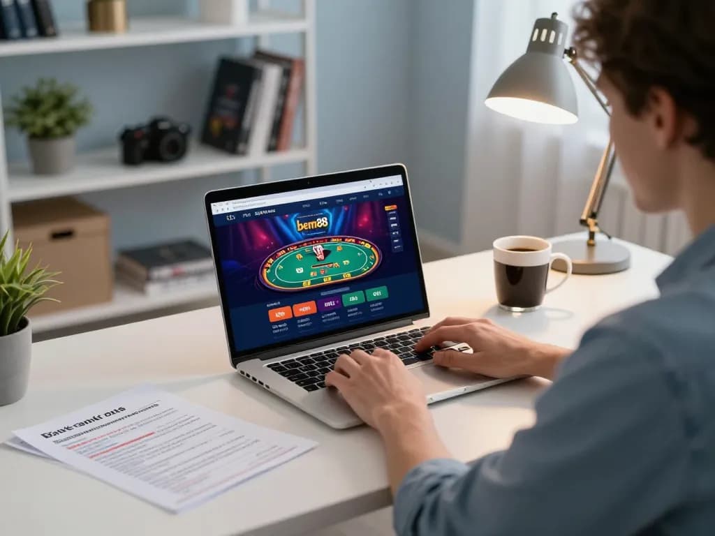 Gambler exploring bem88 online casino while practicing bankroll management in inviting home setting