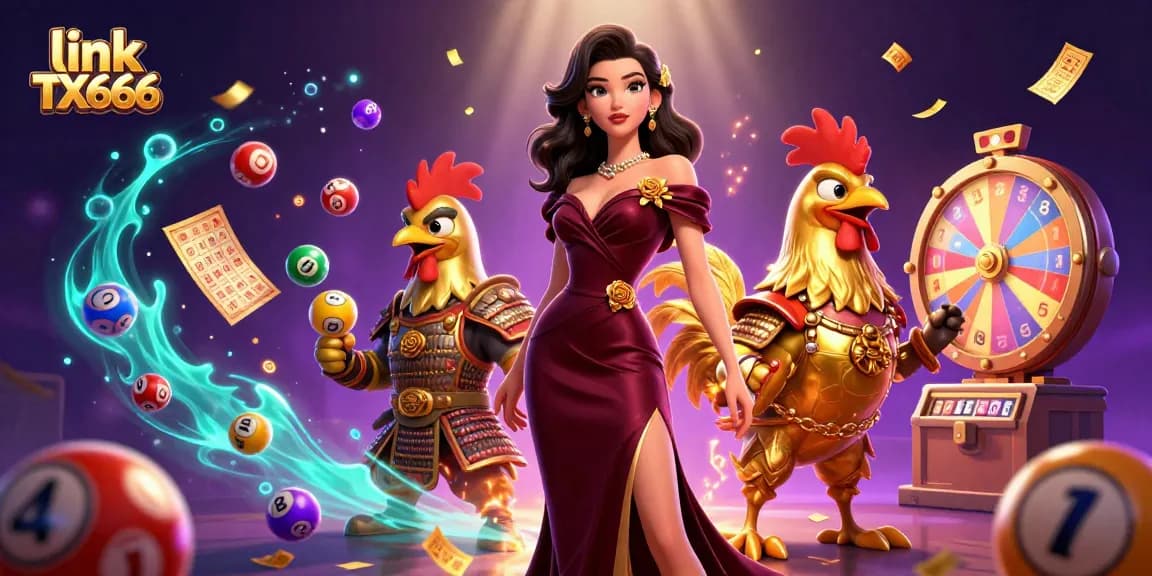 Enhance your game experience with link TX666, featuring colorful lottery elements and a glamorous character.