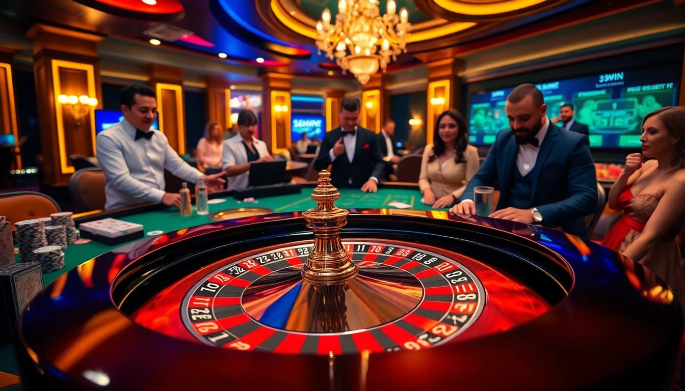33win players enjoying an exciting game at a luxurious casino table with chips and cards.