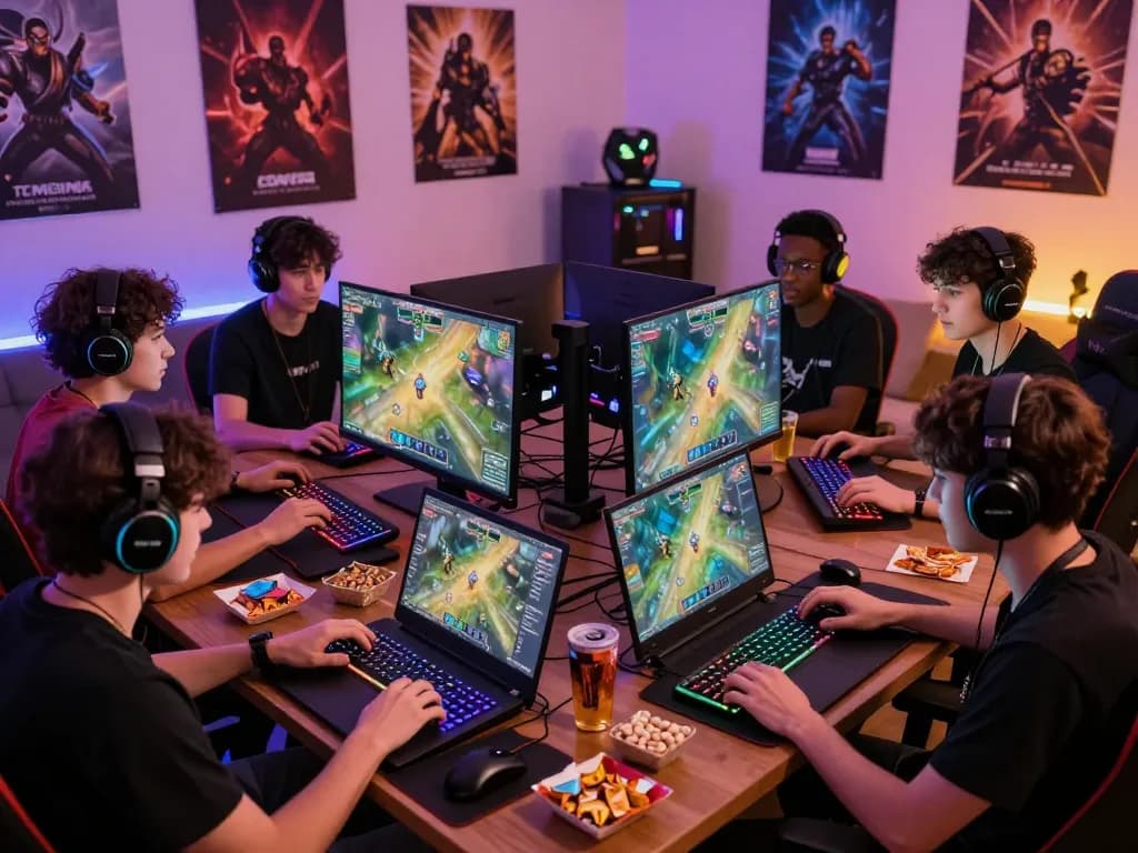 Excited players enjoying the game sunwin in a cozy setup with colorful gaming equipment.