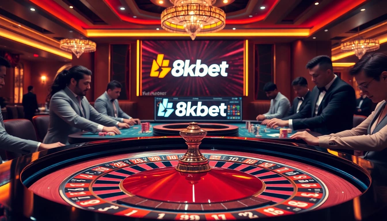 Exciting gambling action at 8kbet with vibrant roulette table and professional players engaged in high-stakes betting.