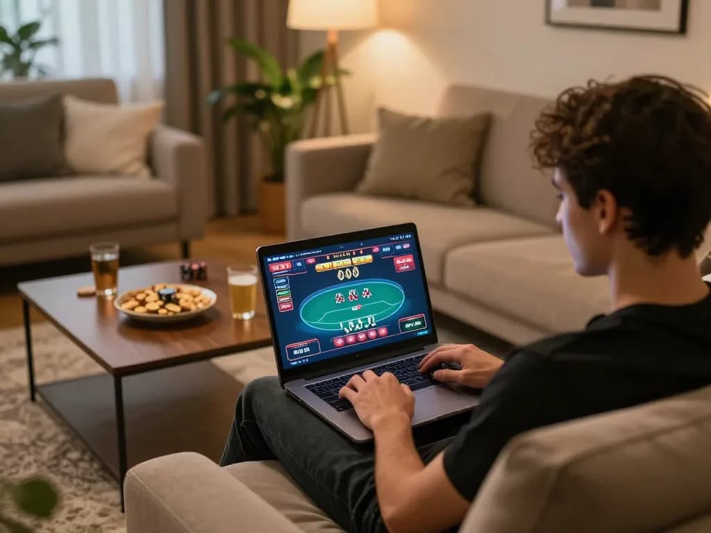 Engaging in online poker gameplay at home with 789fclub, cozy atmosphere, laptop display.