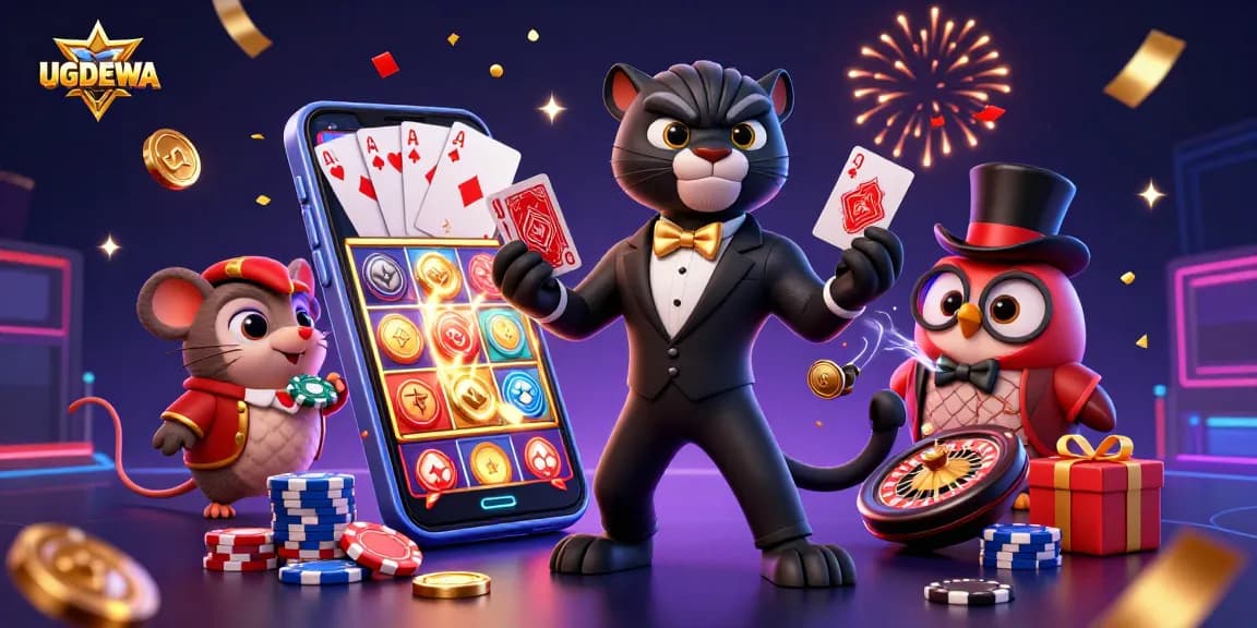 Engaging illustration of UGDEWA showcasing a blackjack table with a tuxedoed panther dealer, owl chip holder, and lucky mouse.