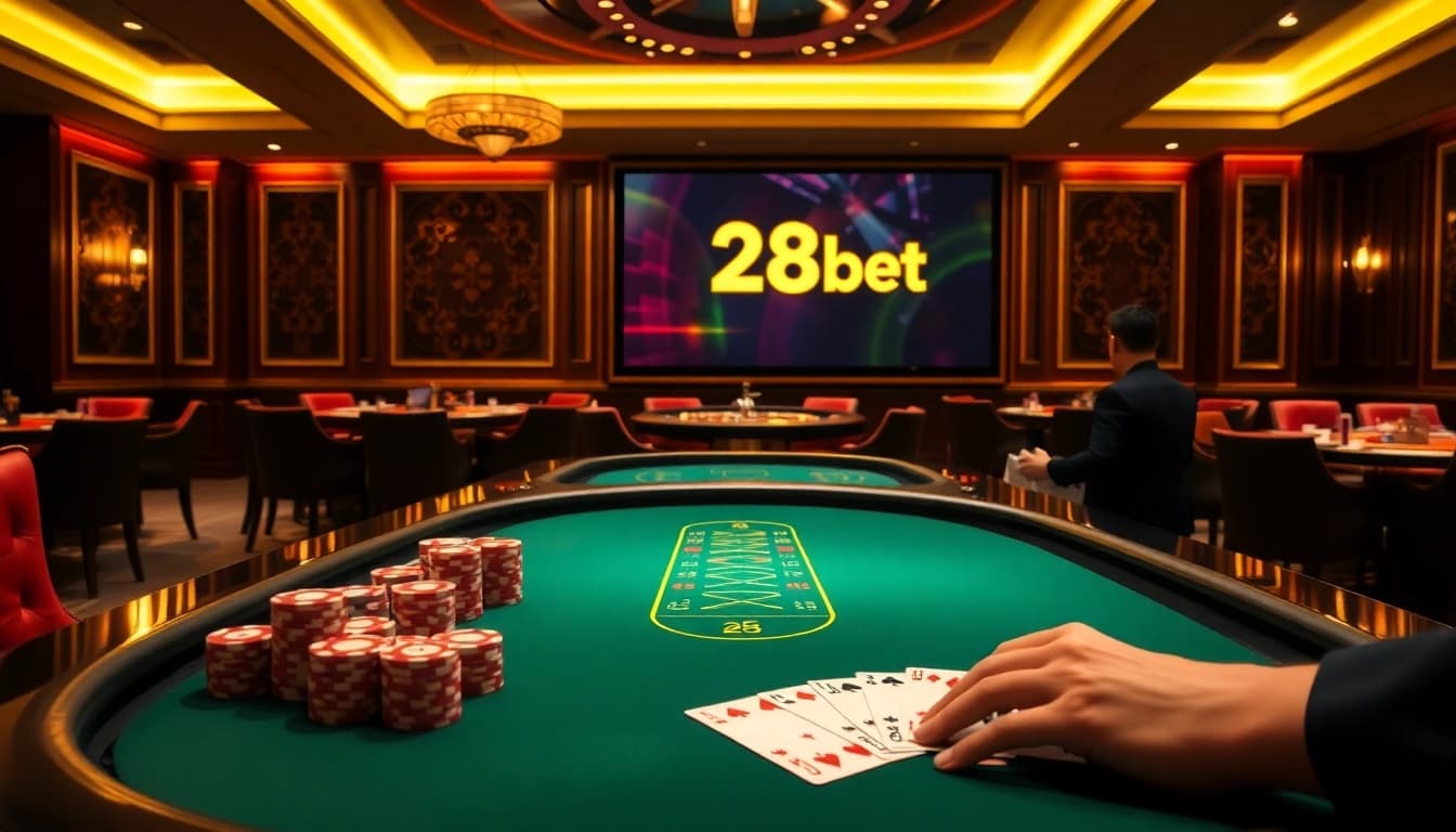 A thrilling casino scene featuring 28bet, with colorful poker chips and an engaging poker table atmosphere.