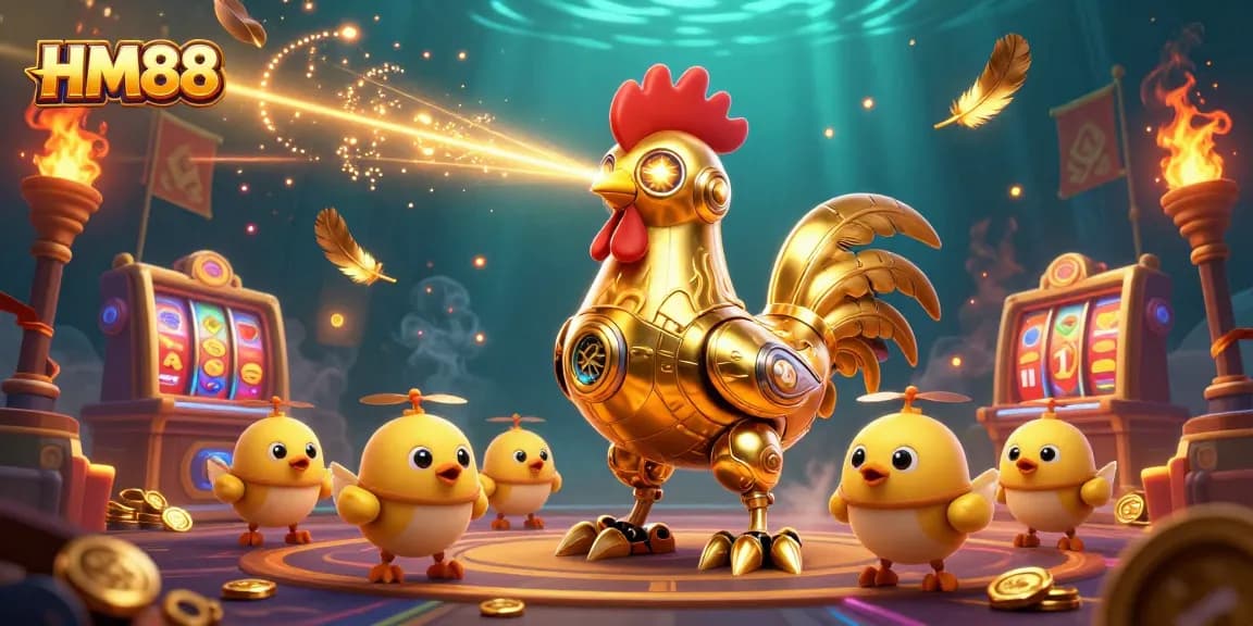 Engage with HM88's exhilarating casino adventure, featuring a powerful golden rooster robot and lively chick drones.