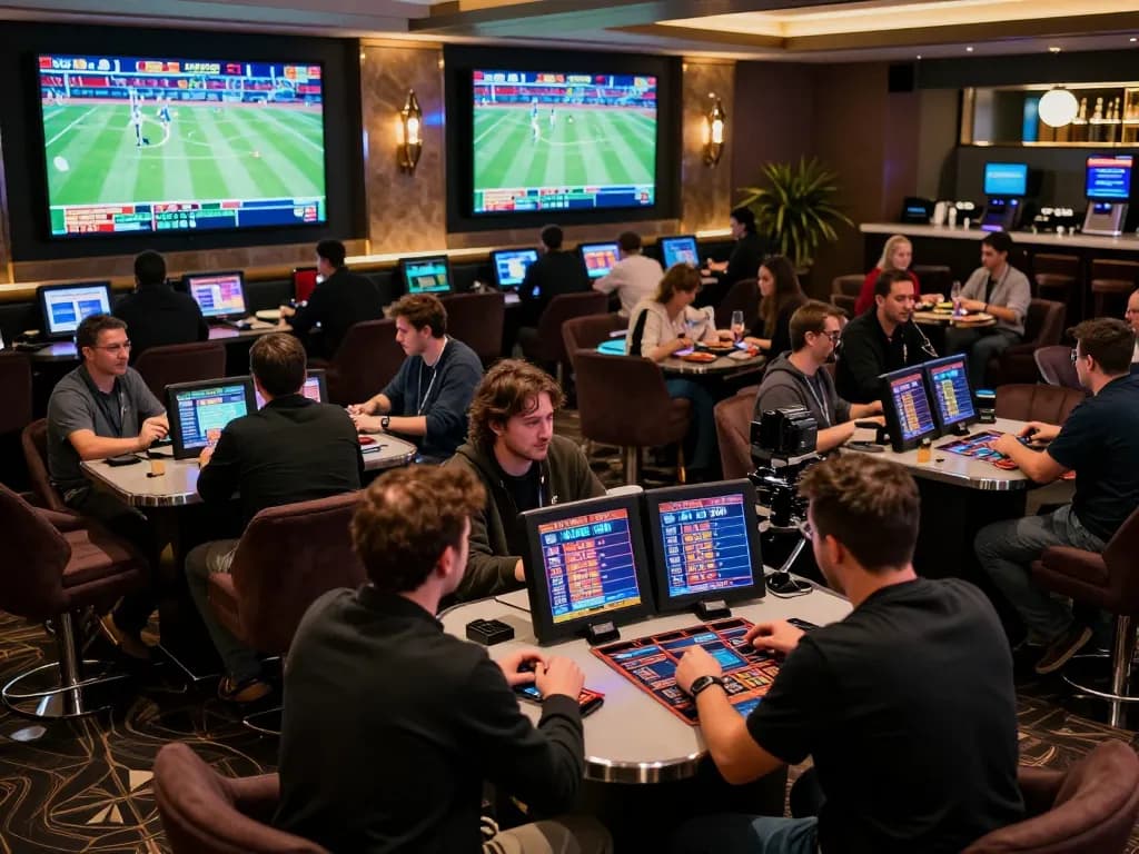 Engaged bettors analyzing odds while enjoying mpo sport in a luxurious sports betting lounge.