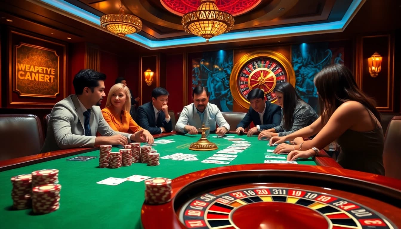 Engaging poker game scene showcasing https://thabet1.net/ with chips, cards, and a roulette wheel.