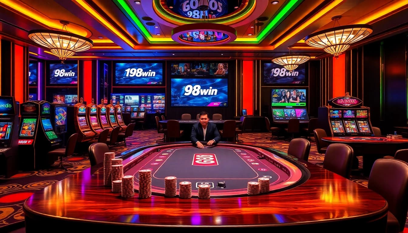 Experience high-stakes gaming at 98win's vibrant casino atmosphere with poker and slot machines.