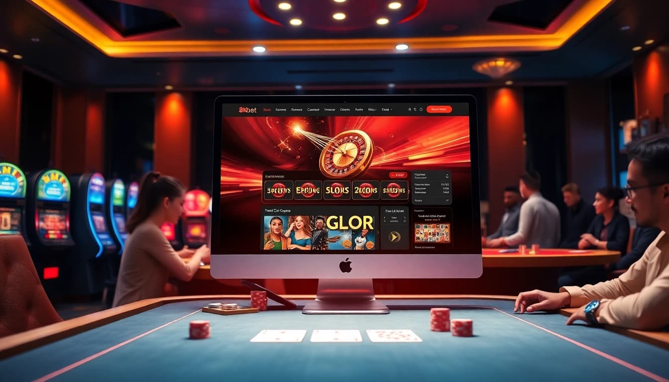 Experience the excitement of online gambling at https://8kbet.ink/ with vibrant casino elements, including tables and games.