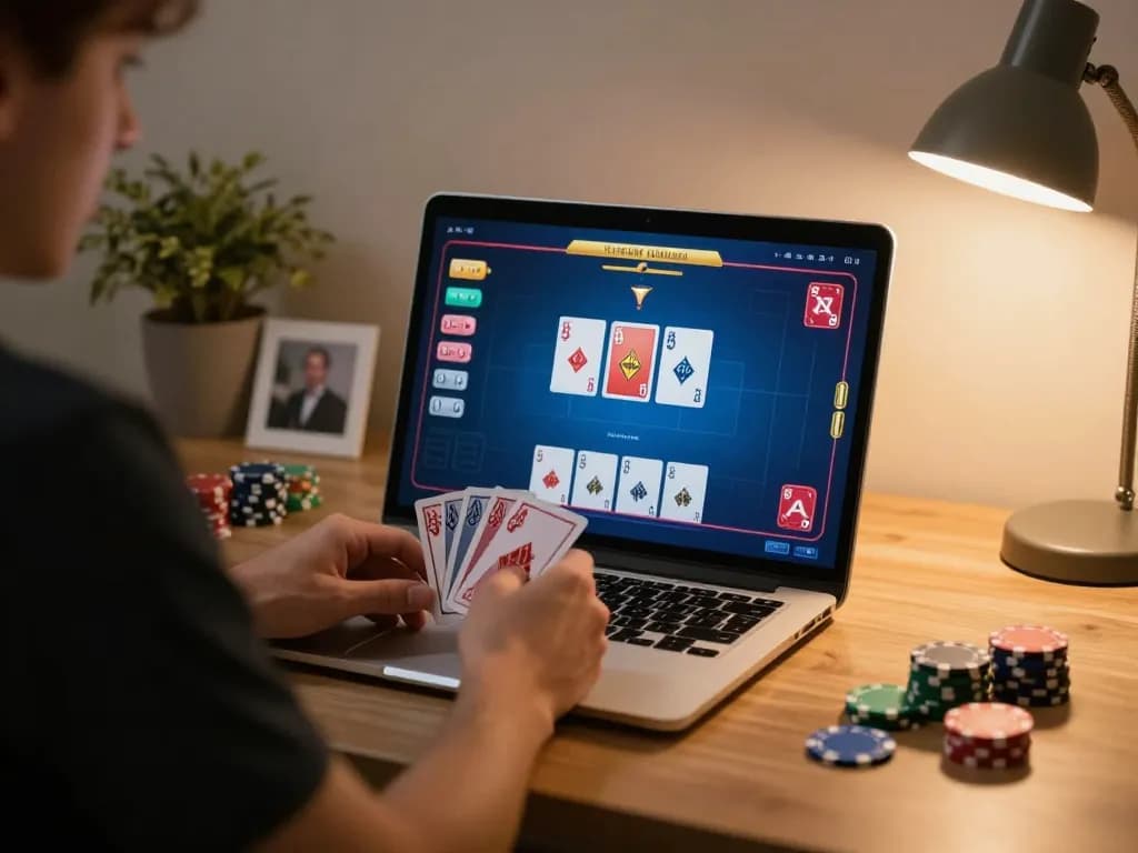 Engaging in online poker game with ทางเข้า m104 on the laptop screen, highlighting gameplay strategy.
