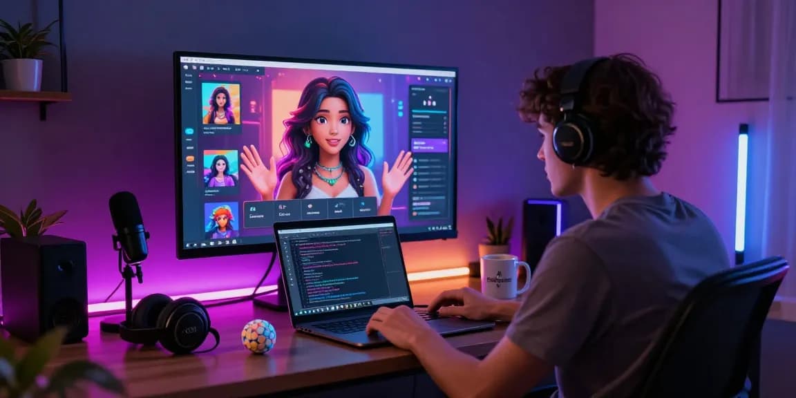 Engaging digital chat scene showcasing nsfw ai interaction with a virtual girlfriend, modern tech elements, and a cozy atmosphere.