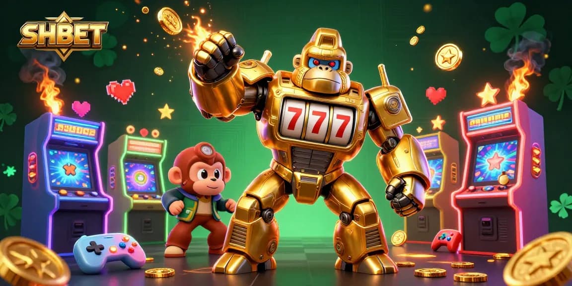 SHBET offers an exciting gaming experience as a golden gorilla mech symbolically punches coins from slot machine parts.
