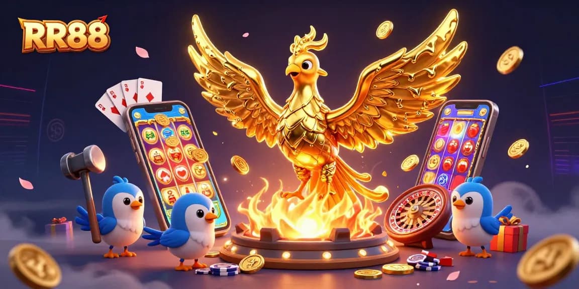 Experience RR88's exciting gaming world with a golden phoenix and vibrant casino elements in 3D.
