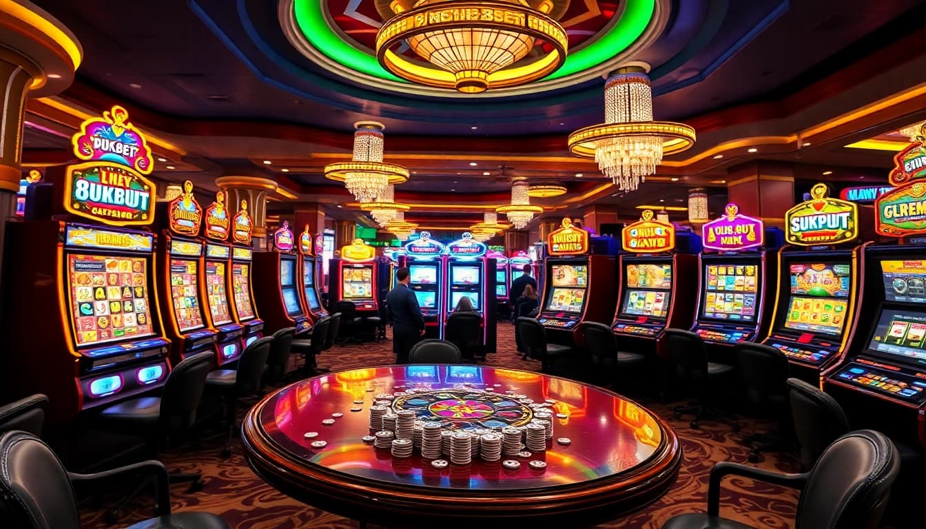 NỔ HŨ 8KBET game displayed prominently among colorful slot machines in a vibrant casino atmosphere
