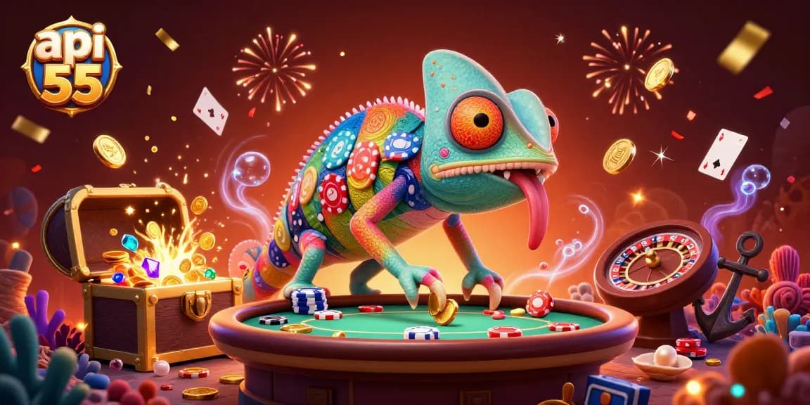 Play and win with api 55 as the vibrant chameleon casino owner captures gold coins in a dynamic scene.