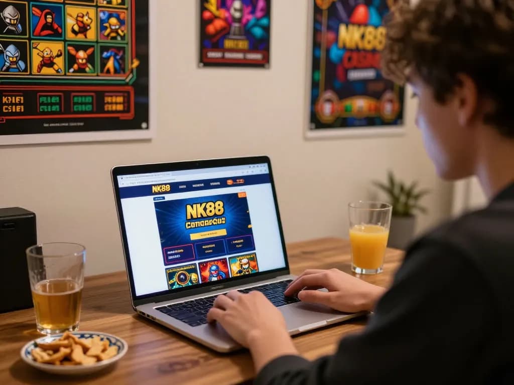 Engaging in NK88 online casino gaming within a cozy home setting, highlighting the excitement