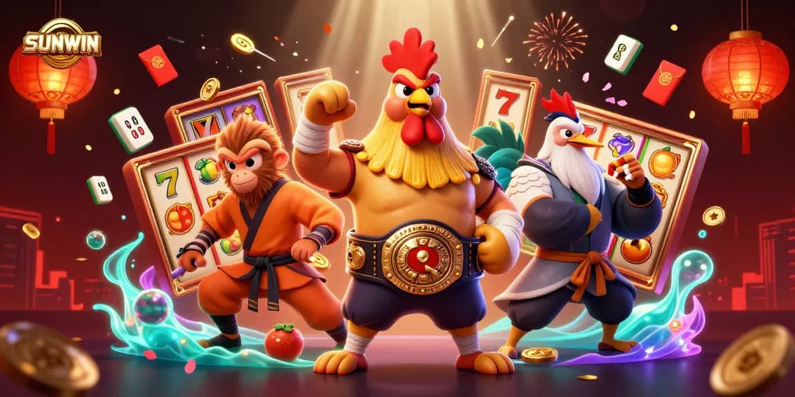 SUNWIN slots illustration featuring vibrant characters amidst dynamic jackpot elements and festive decorations