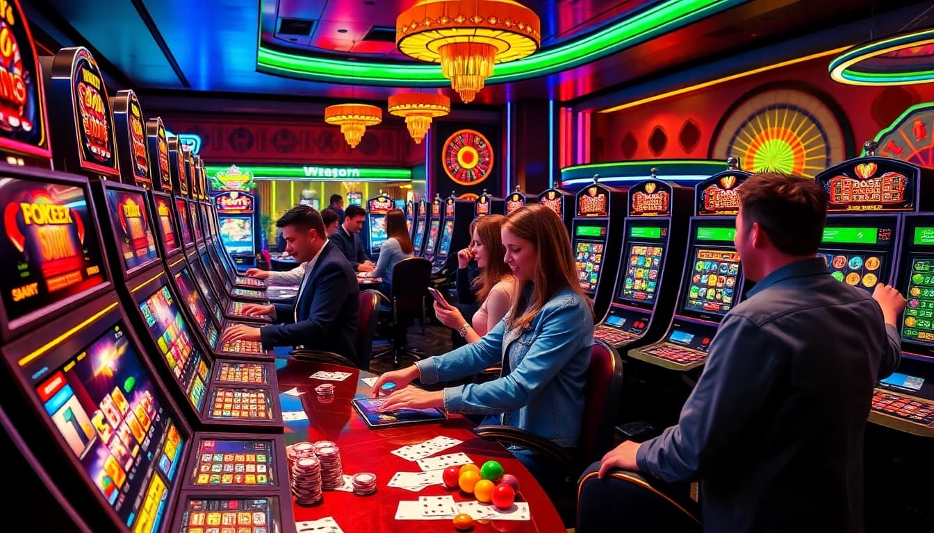 Excited players engaging with Slot Gacor machines in a luxurious casino setting